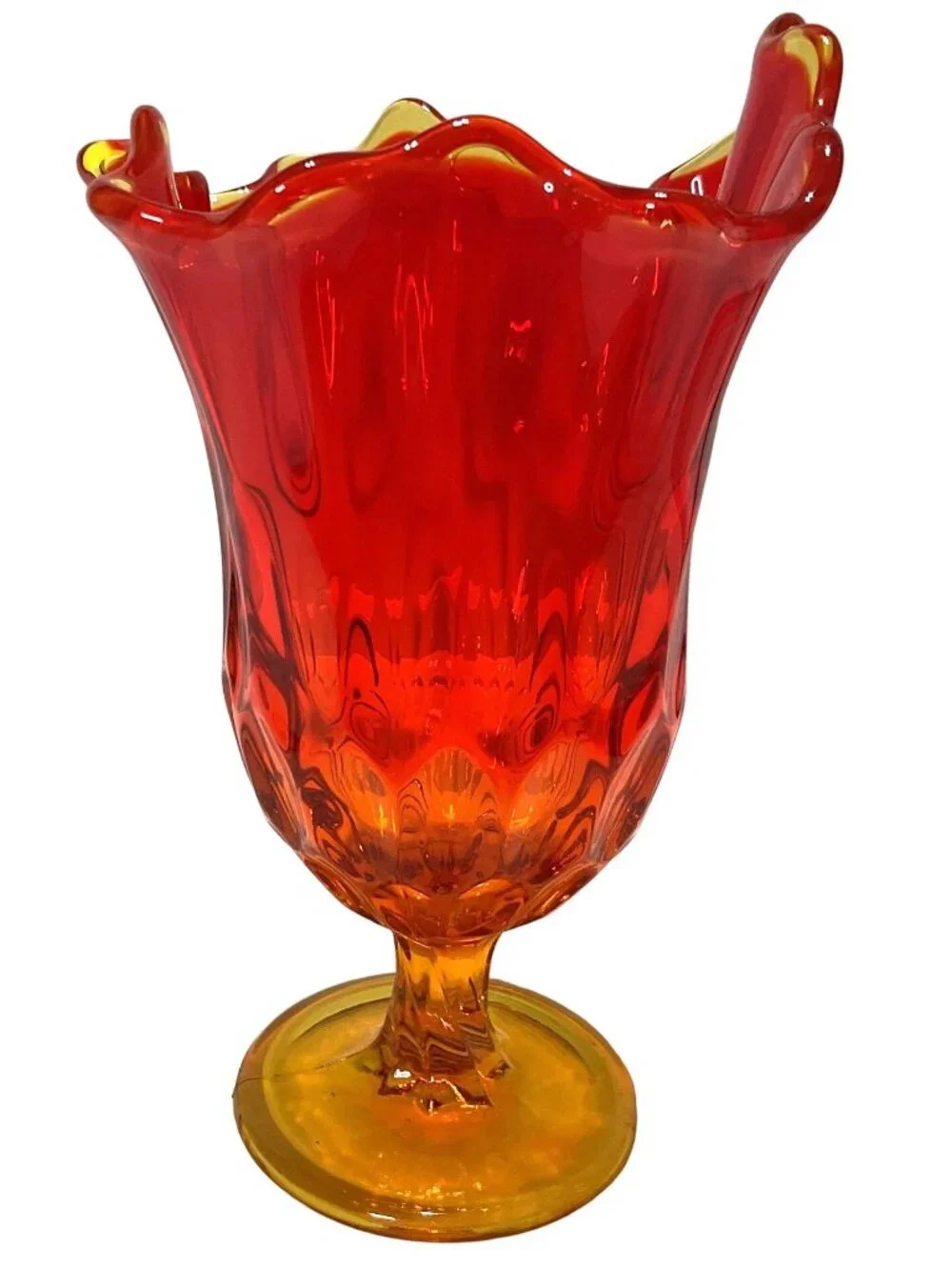 Vtg Fenton Art Glass Vase UV Thumbprint Amberina Handkerchief Swung w/ Pedestal
